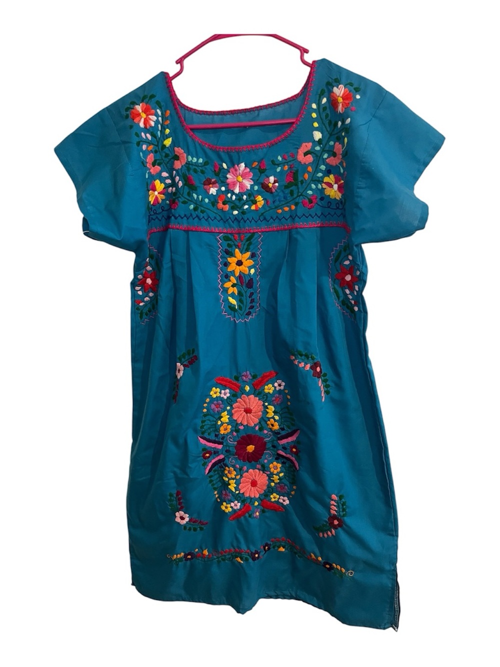 MEXICANA Teal Embroidered Floral Kids Dress